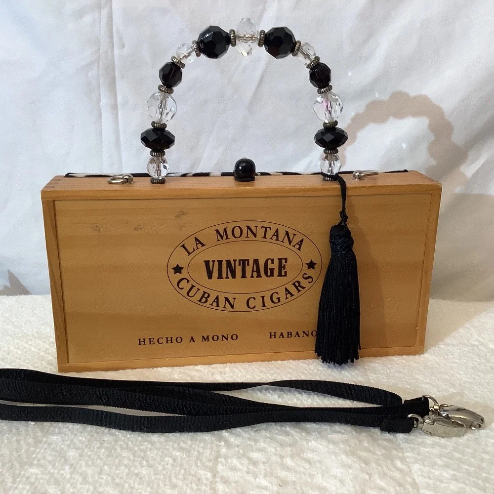 Vintage La Montana Cuban Cigar wood beads fabric hand‎ shoulder crossbody